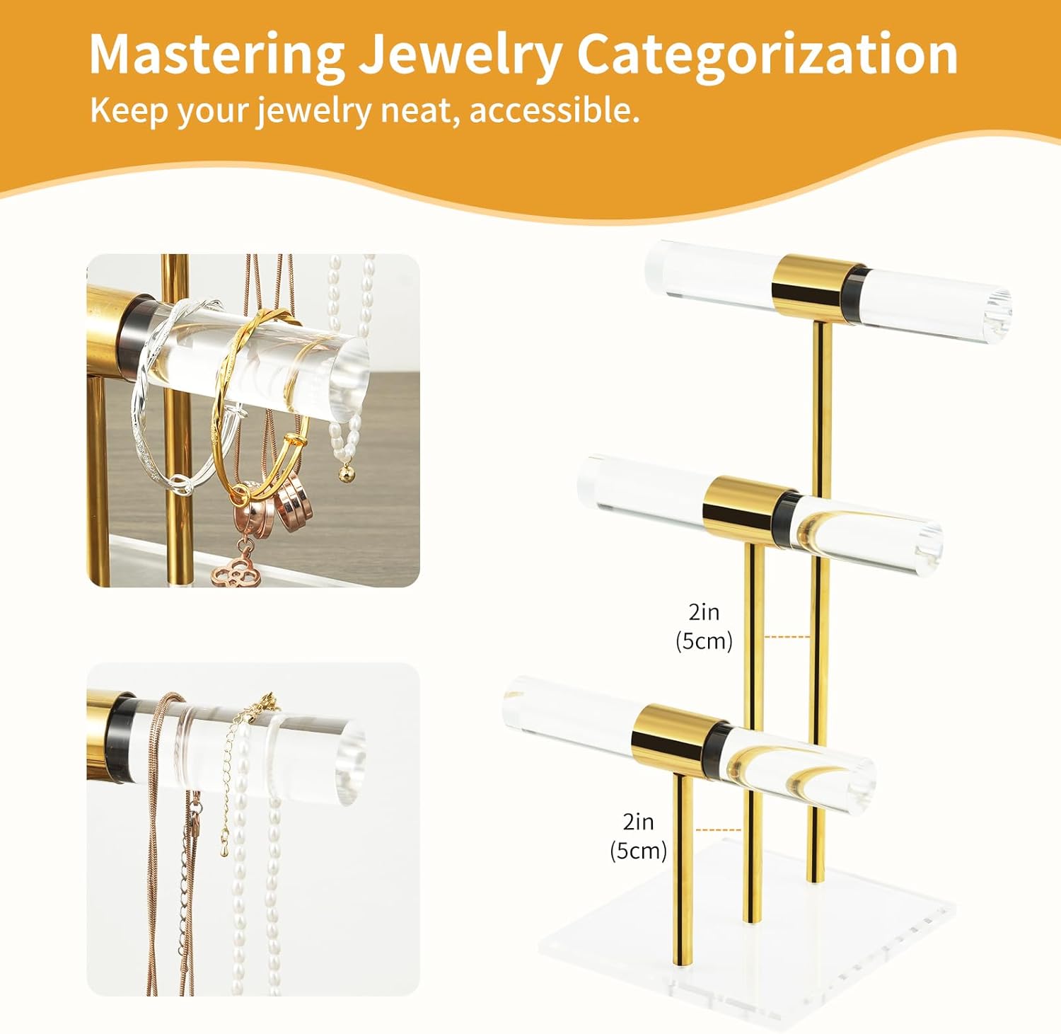 T-Bar Tangle-free Necklace and Jewelry Display Stands, 3-Tier Acrylic Bracelet Holder Stand, Clear Gold Jewelry Organizer with Stainless Rod, Women Vendors Retail Store Counter Bangles Display Stand - Image 6