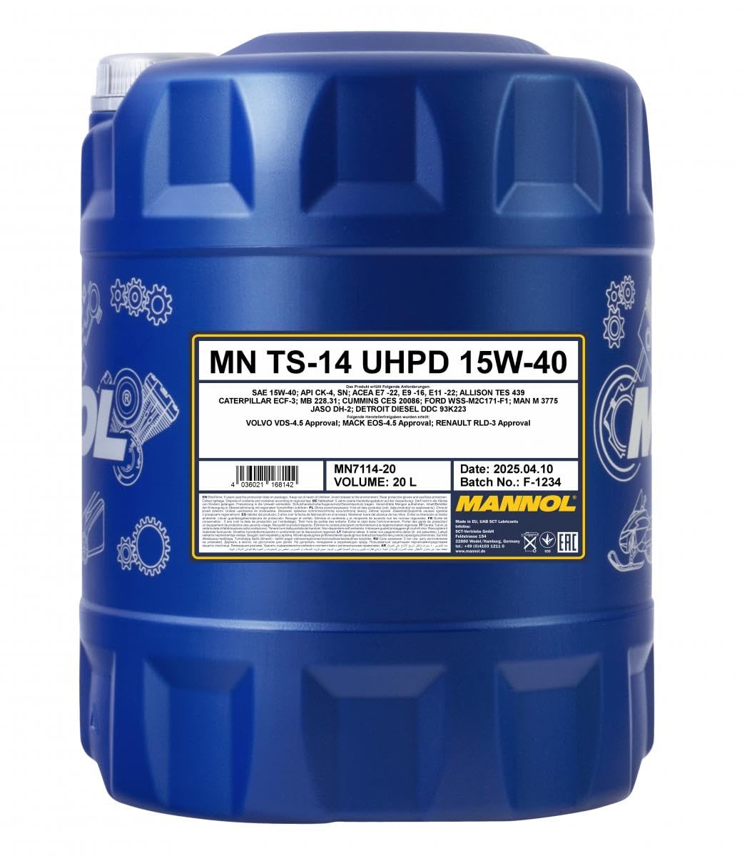 MANNOL Aceite de motor 15W-40 TS-14 ACEA E7 ACEA E9 API SN API CJ-4 UHPD 20L Compatible con MERCEDES-BENZ Vario Furgoneta B667, B670, B668 Vario Caja/Chasis B670, B668, B667 VARIO Cabeza tractora