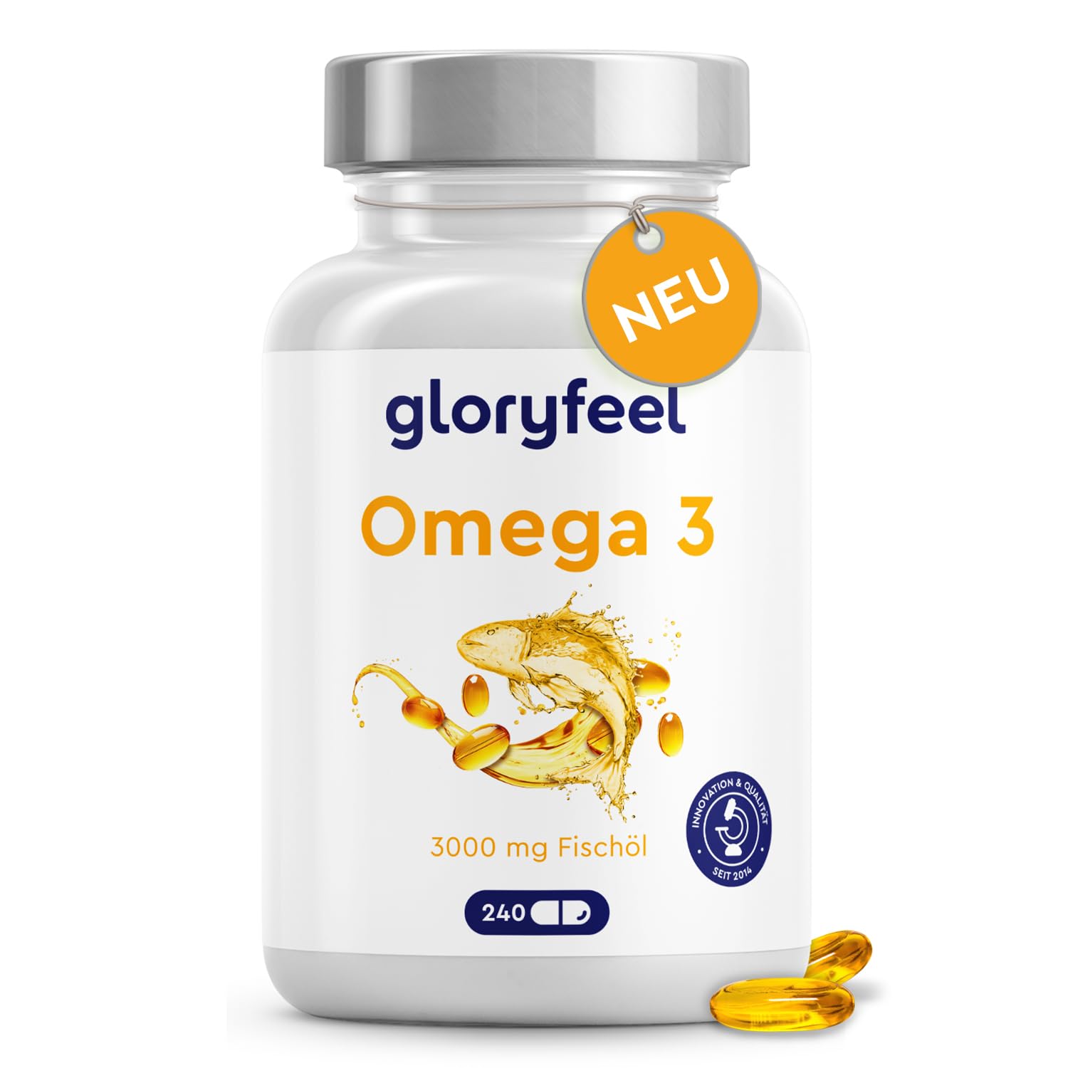 Omega 3 Kapseln Hochdosiert - 3000mg Fischöl (Triglycerid-Form) - 240 Kapseln mit Vitamin E (Antioxidans) zur idealen Ergänzung von EPA & DHA - Reines Omega3 Fischöl – Laborgeprüft
