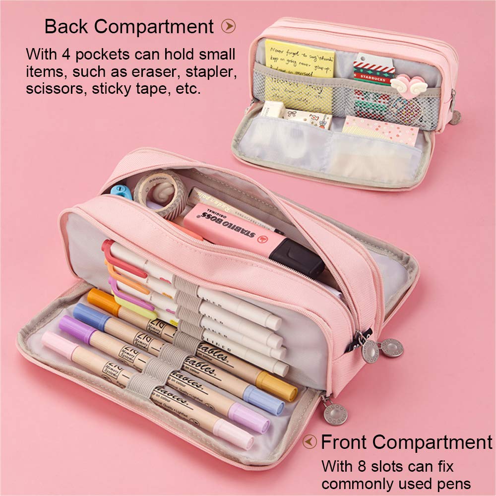 SeBeLi Pencil Case, Big Capacity 3 Compartments Canvas Makeup Cosmetic Pouch for Teen Boys Girls School Students Office (Pink) - Image 3
