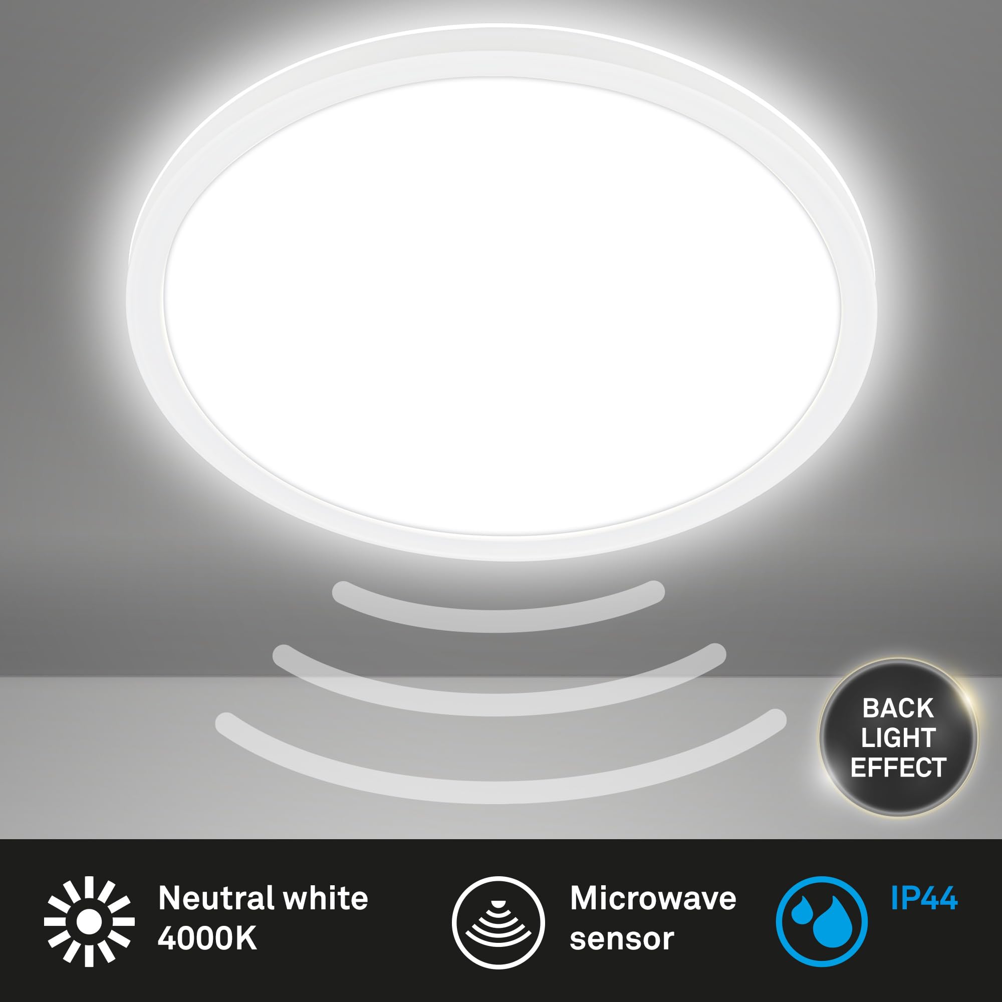 BRILONER - Lámpara de techo LED con detector de movimiento 3m de alcance IP44, color de luz blanco neutro, lámpara de baño, 29x3 cm, blanco