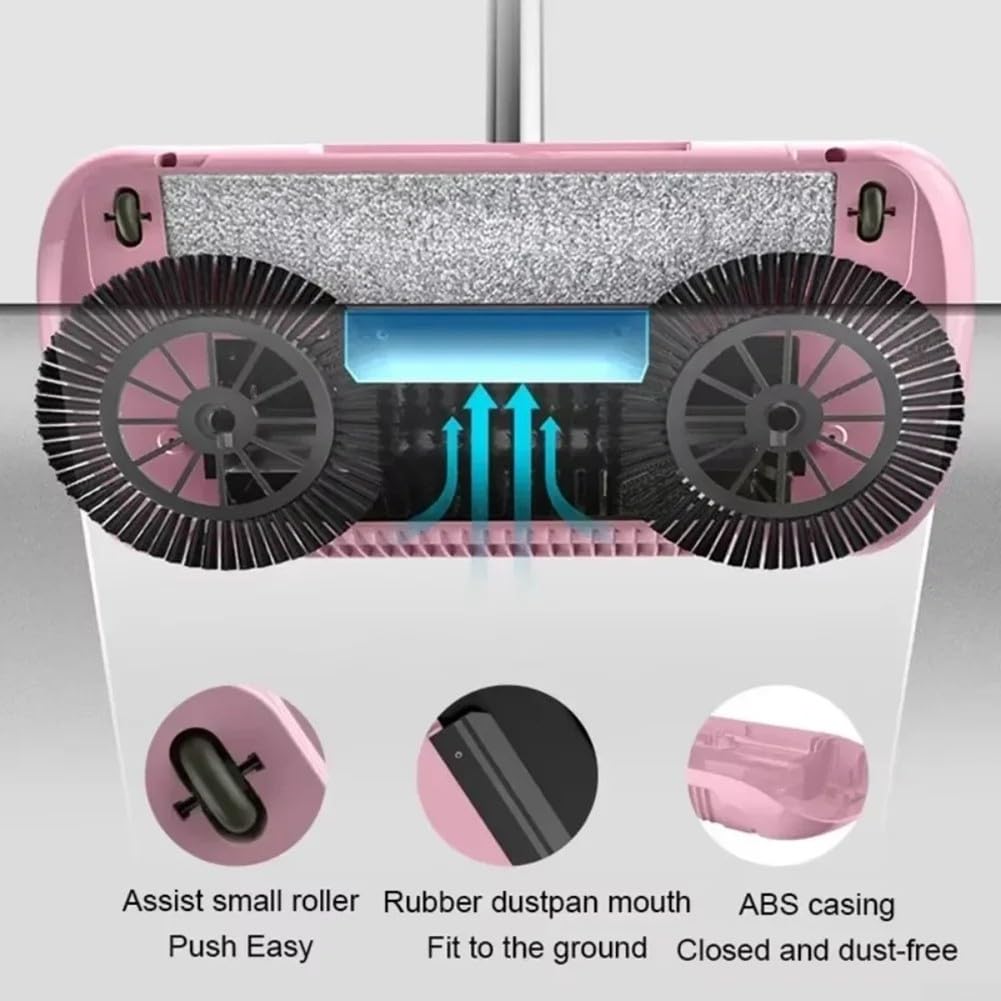 Balai multifonction à poussée à la main, balai rotatif à 360 degrés non électrique avec balai, pelle à poussière, outil de nettoyage (rose)