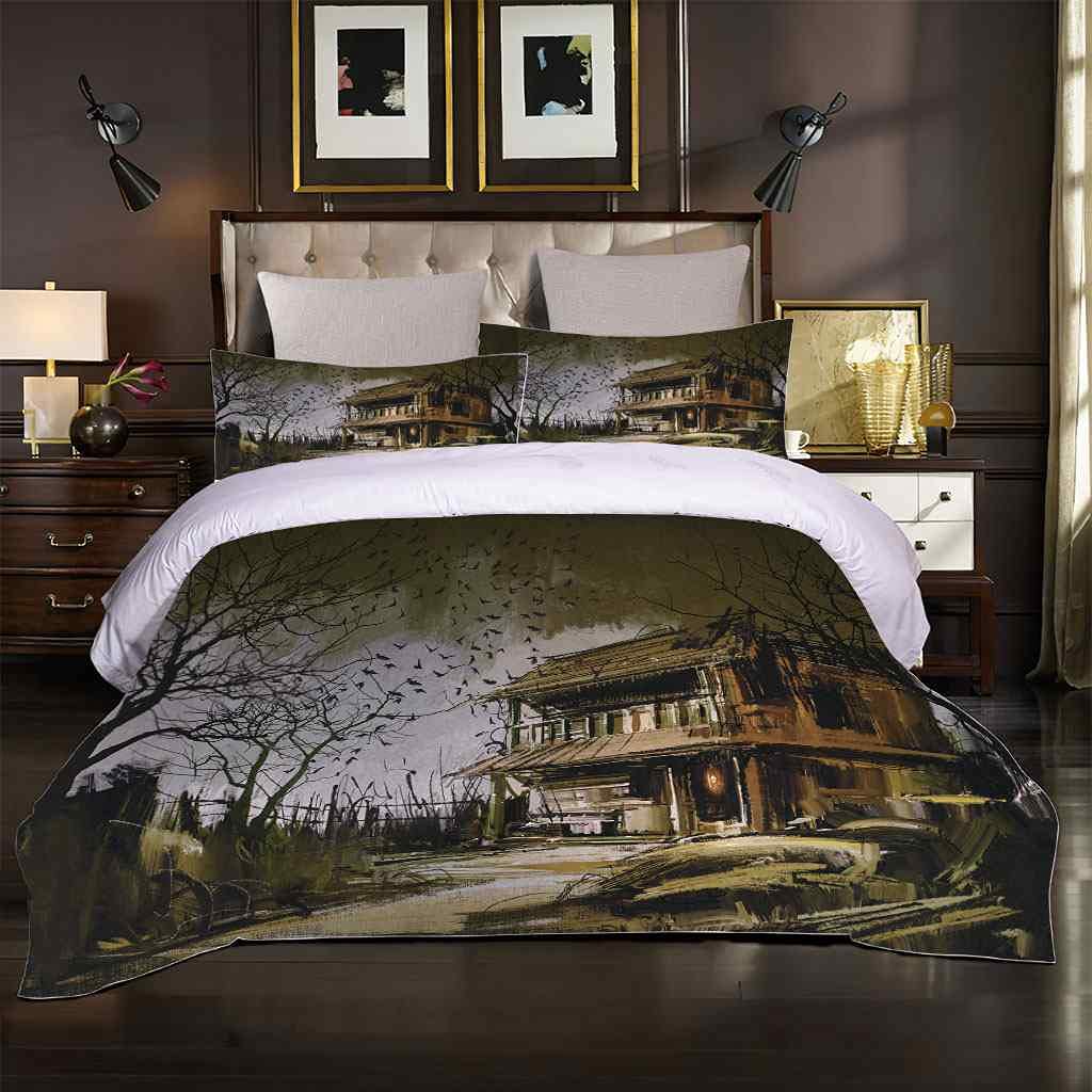 Poszewka na kołdrę Super King 260 x 220 cm nadruk 3D zniszczony dom zestaw pościeli ultramiękka mikrofibra pościel poszewka na kołdrę dla dorosłych podwójna poszwa na kołdrę z zamkiem błyskawicznym i 2 poszewki na poduszki