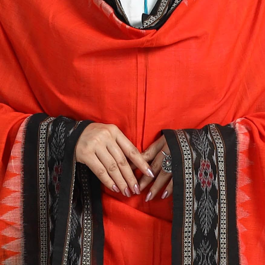 Image of Cotton Dupatta with weaving and Ikat woven border from the Weavers Stole for Girls & Women