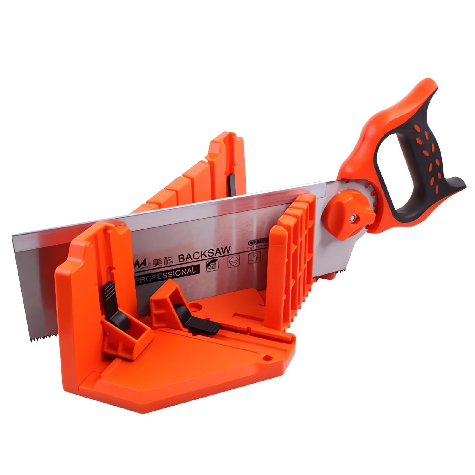 Boîte à onglets et scie en plastique de 35,6 cm, scie arrière en acier renforcé pour une coupe précise, préréglée à 90 degrés, 45 degrés, 22,5 degrés et 0 degré.