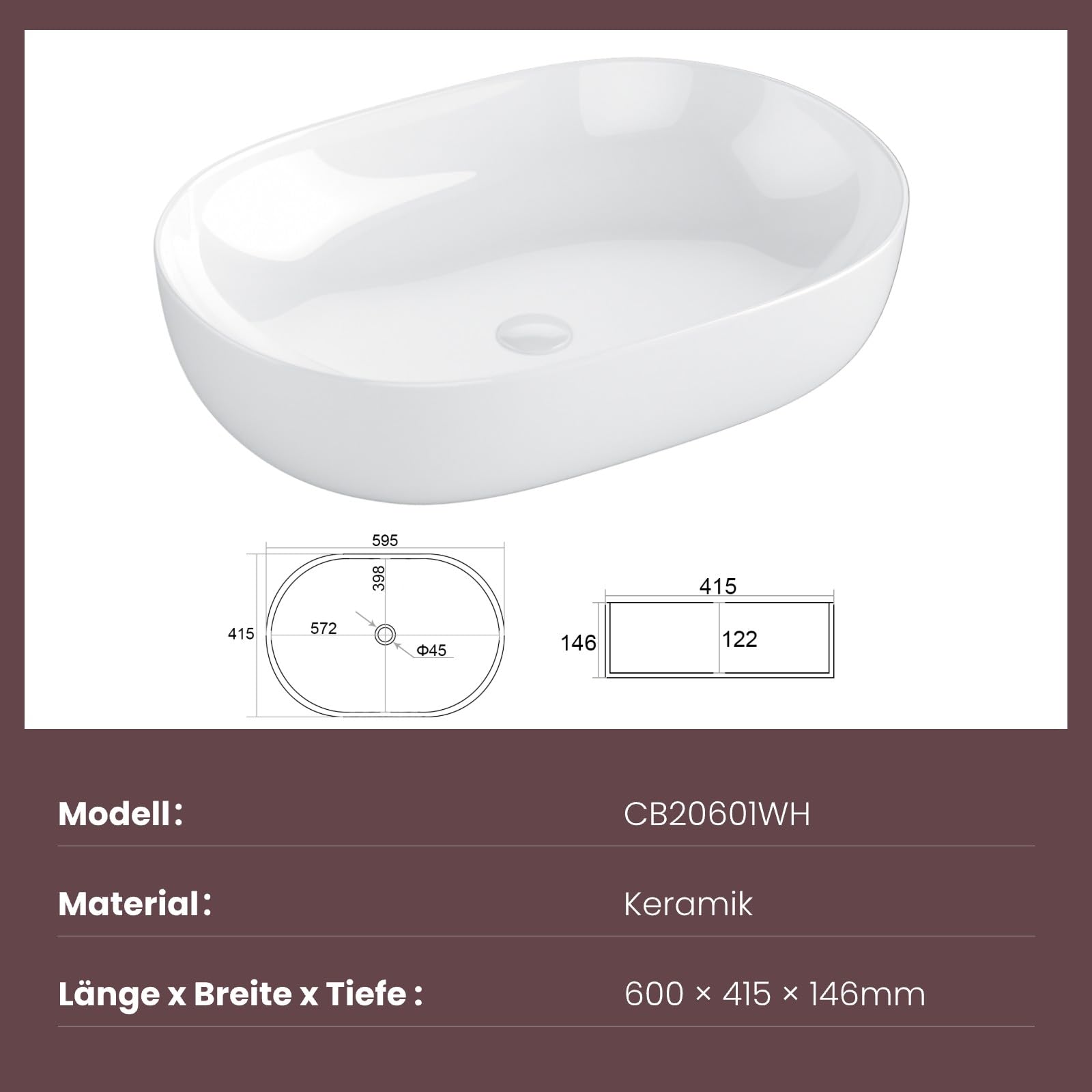 EMKE Waschbecken – Aufsatzwaschbecken Oval, 60 x 41,5 x 14,6 cm, Weiß, Kratzfest Waschbecken Bad, Leicht zu Installieren & Reinigen, Waschtisch für Bad & Gäste-WC