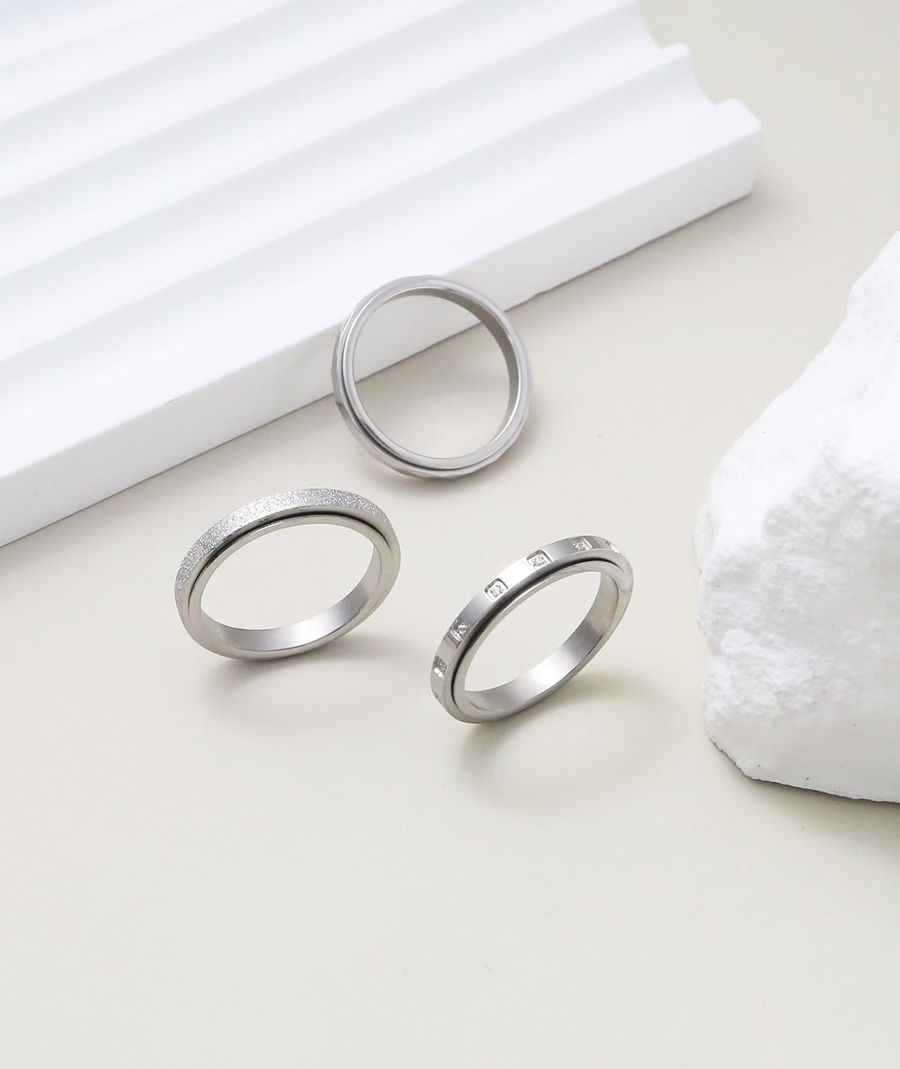 3mm Fidget Rings for Anxiety Relief - 18K Gold Plated Titanium Steel Glitter Sandblast Diamond Spinner Ring Set for Women Men Thin Stackable Thumb Rings Band Stress Relief Jewelry Non Tarnish image 4