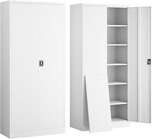 Vista 43 de Yizosh Armario de almacenamiento de metal para garaje con cerradura, gabinete de herramientas de bloqueo de 71 pulgadas con 2 puertas y 5 estantes