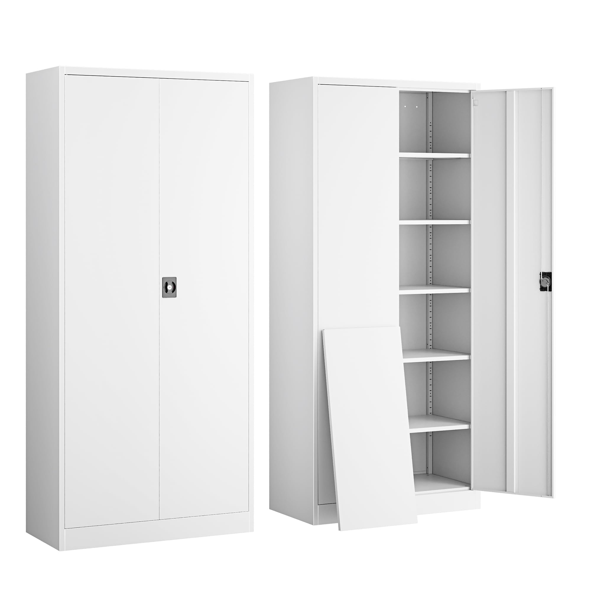 Yizosh Metal Garage Storage Cabinet with Lock, 71" Locking Tool Cabinet with 2 Doors and 5 Shelves, Heavy Duty for Garage, Office, School (White)