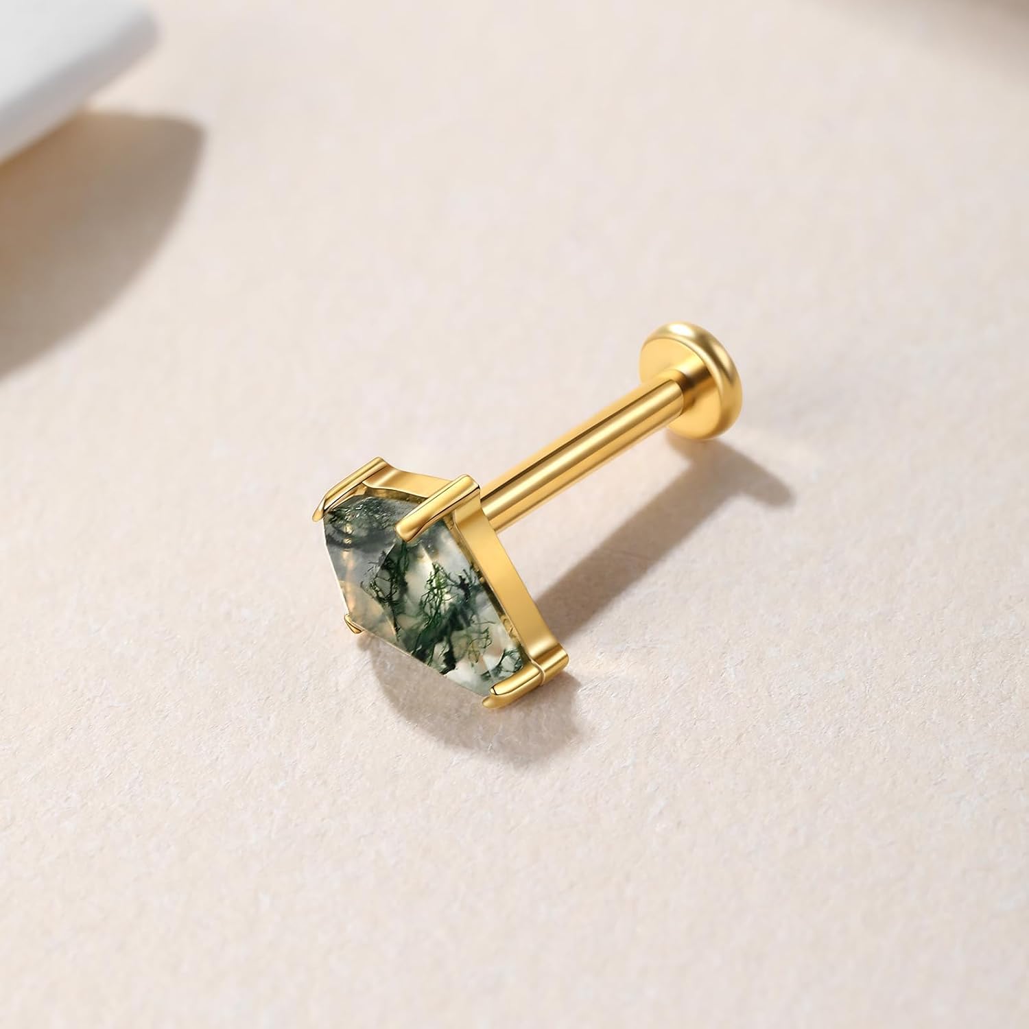 1PC ASTM F136 Titanium Push Pin Moss Agate Stone Flat Back Earrings 16G 8mm for Helix Conch Tragus
