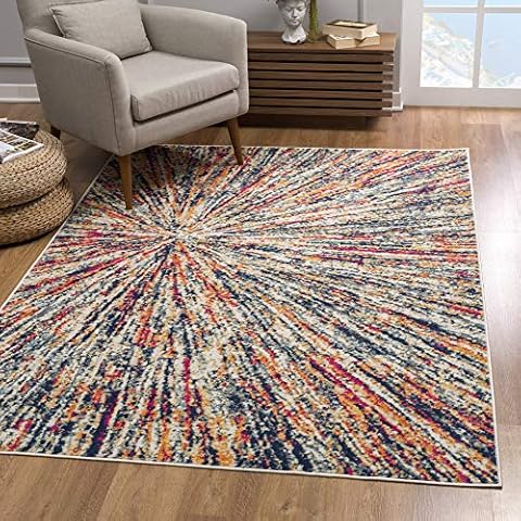 RUG BRANCH Savannah Geometric Mid-Century Modern Beige Blue Indoor Area Rug for Living Room, Bedroom, Dining Room, and Kitchen - 4' x 6' (3'9" X 5'6") Cover
