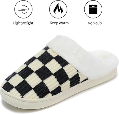 Women House Fuzzy Slippers - Plaid Scuff Checkered Slip-on Memory Foam Indoor Outdoor Comfortable Soft Slides