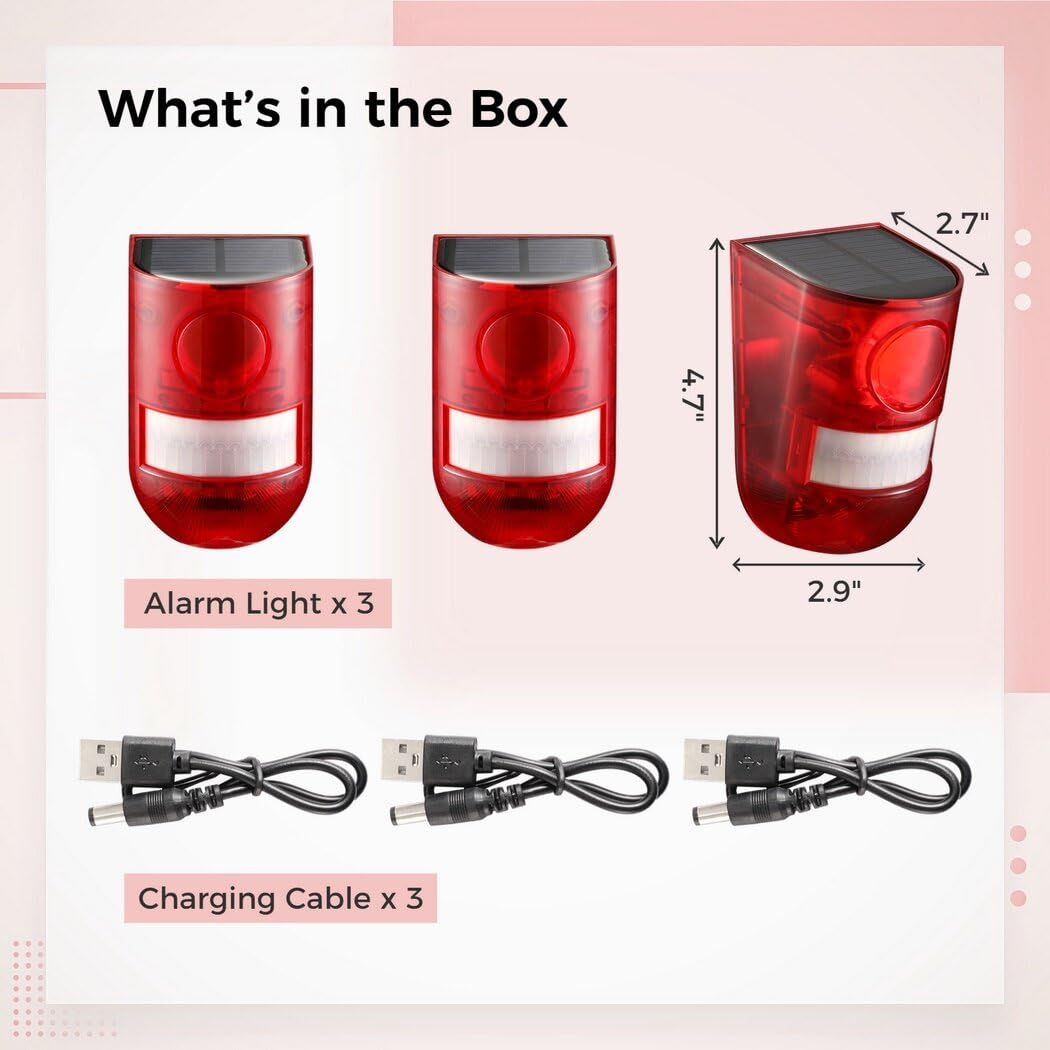 Paquete de 3 luces solares de alarma con detección de movimiento, sirena de seguridad impermeable para exteriores, 6 luces LED intermitentes rojas y sirena de 129 db, 4 modos de alarma para granjas,