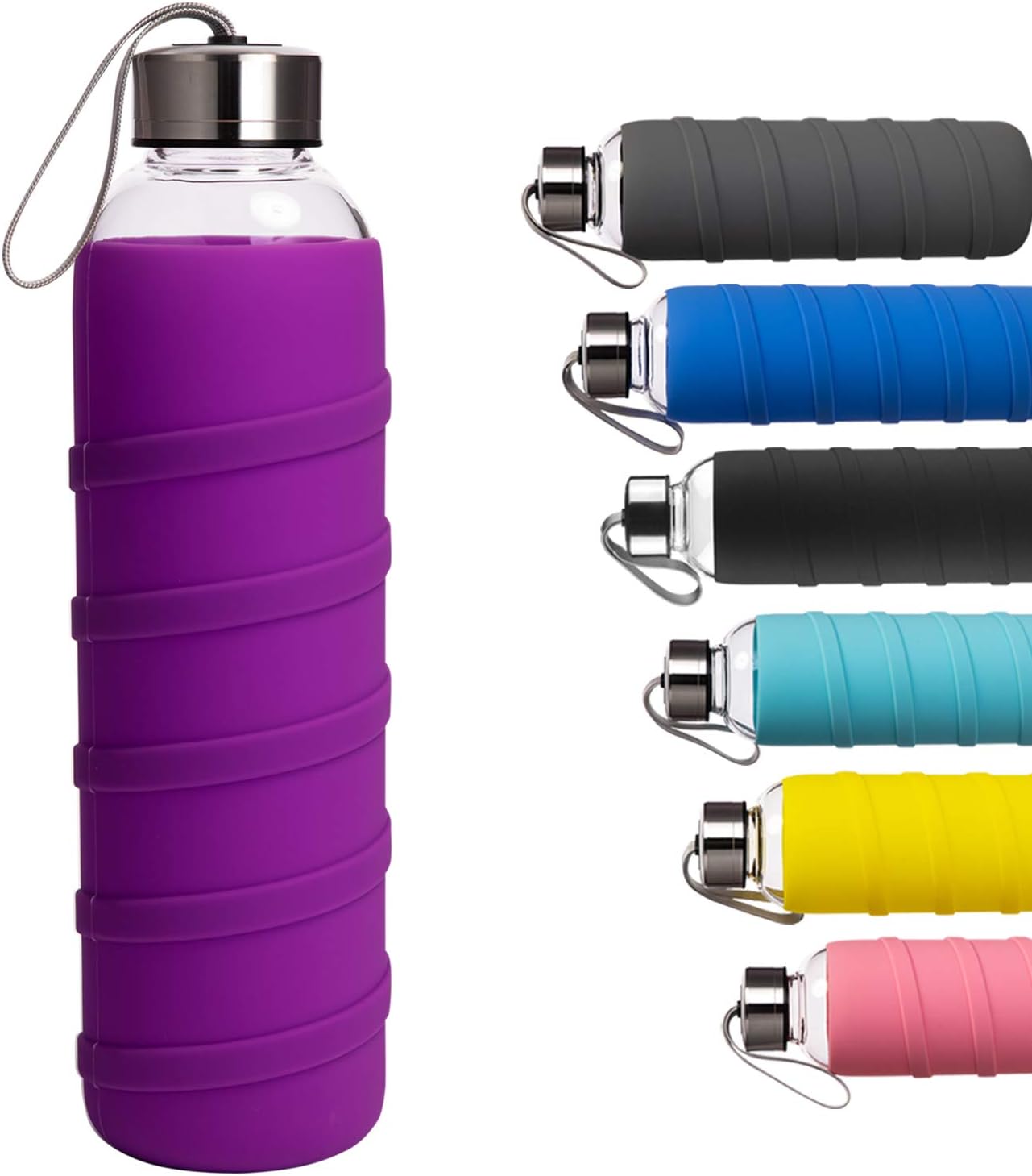 Ferexer BPA Free Reusable Borosilicate Glass Water Bottle with Silicone Sleeve 1000 ml / 1 Liter Violet