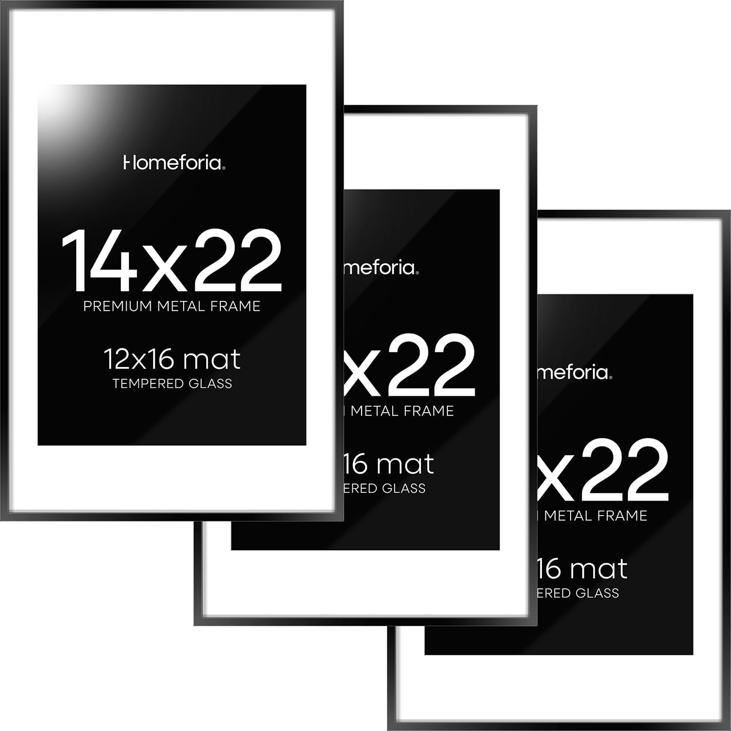 Homeforia 14x22 Picture Frame Black, High End Metal 14 x 22 Poster Frames with Mat 12 x 16 for Photo, 14x22 Black Frame Matted to 12x16 inch Print, 22x14 Thin Frame, Tempered Glass, Wall Kit, Set of 3