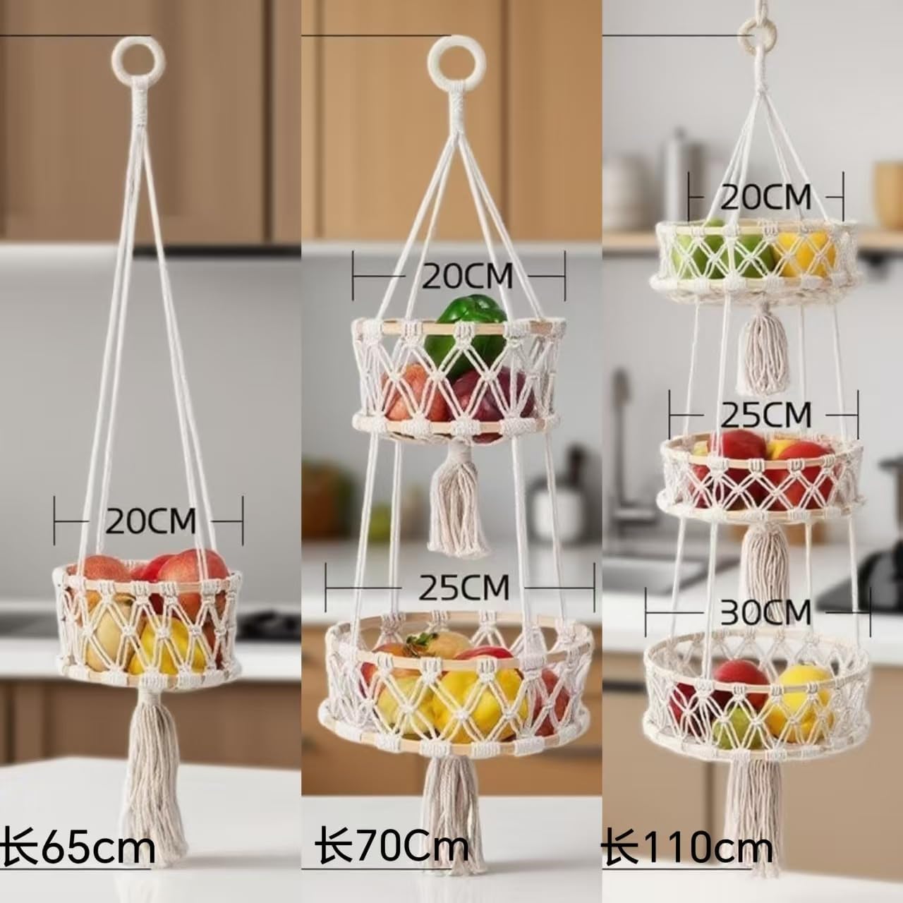 3 tier hanging fruit basket, hanging fruit baskets for kitchen,Macrame Hanging Basket for Fruit and Vegetable Storage, Cotton Rope Woven Baskets for Kitchen, Decorative Boho Decor Hanging Plant Holder