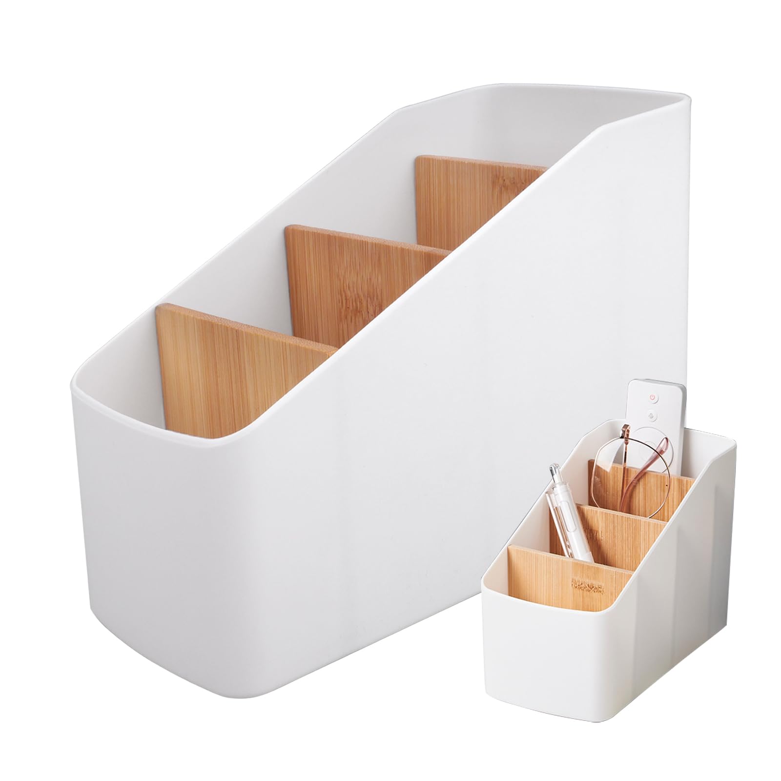SenaiMy Organizador de escritorio de madera, organizador de escritorio con 4 compartimentos extraíbles, caja de almacenamiento de escritorio, soporte de mando a distancia, soporte de madera, soporte