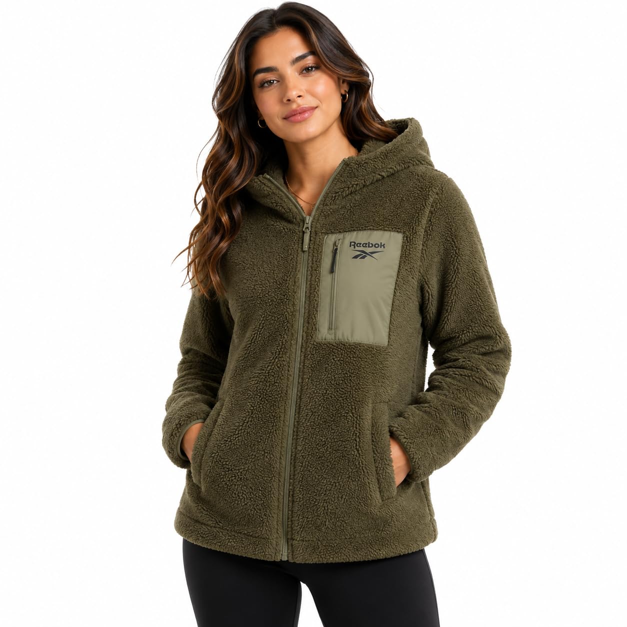 Womens Sherpa Fleece Jacket Midweight Zip-Up Hooded Winter Coat