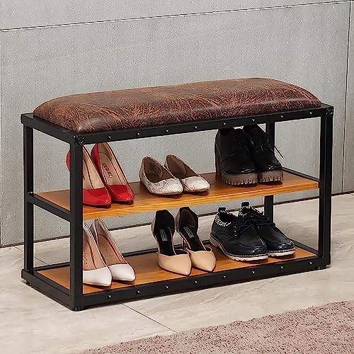 Banc d'entrée de style industriel avec étagère à chaussures bois et banquette cuir rustique