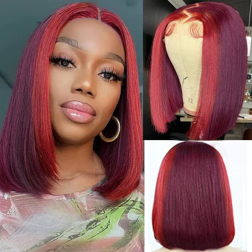Goldfinch Burgundy Highlight Lace Front Bob Wig Human Hair Pink Skunk Stripe Bob Wigs for Women 150% Density Glueless Short Straight Bob Pre Plucked Natural Hairline 12 Inch
