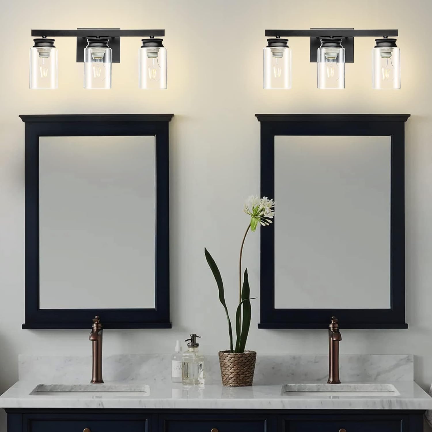 Bathroom Vanity Light, 3-Light Modern Matte Black Wall Sconce Lighting with Clear Glass Shade, Black Wall Lights, Vanity Lighting Over Mirror for Bedroom, Living Room-1Pack