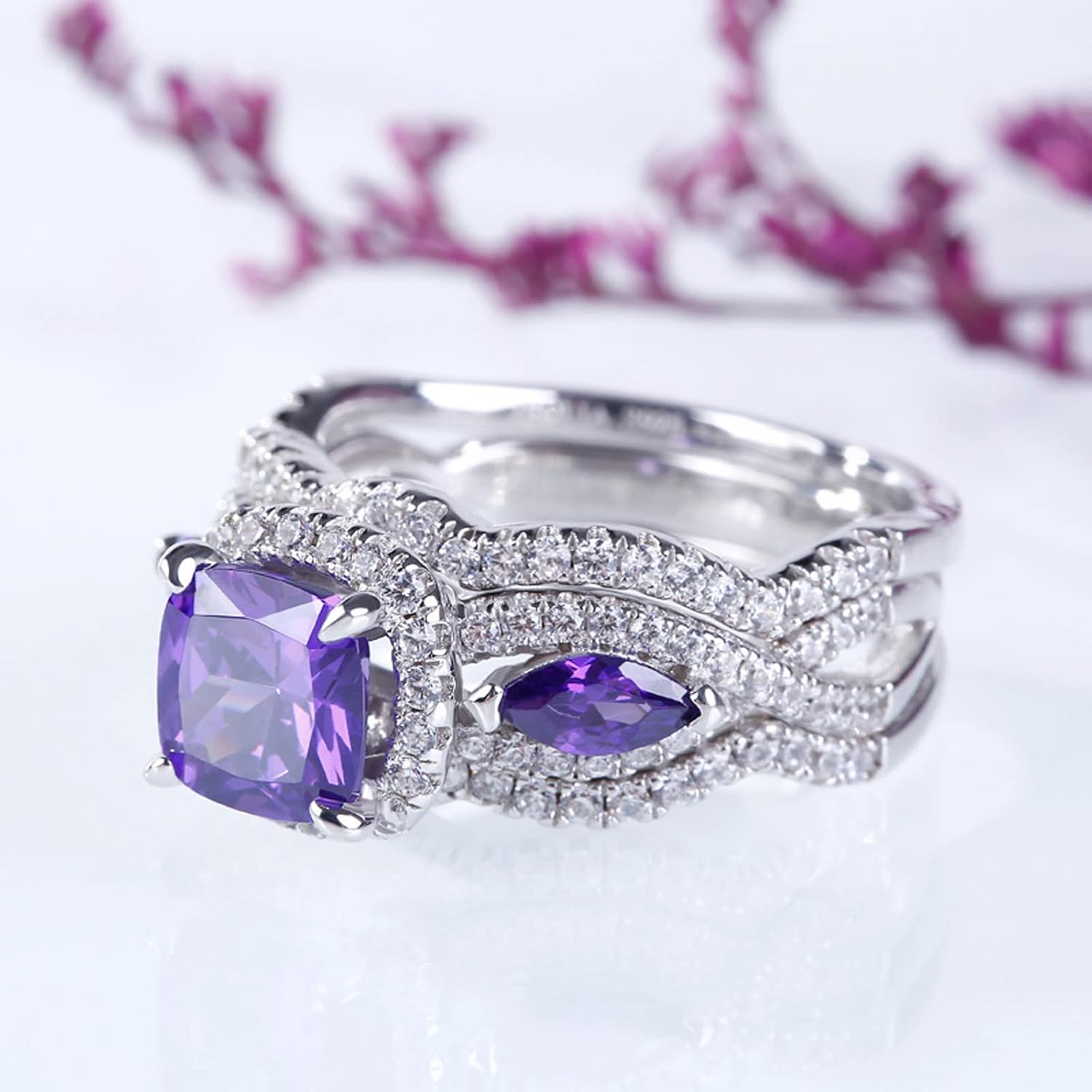 Jeulia Diamond Three Stone Wedding Ring:Sterling Silver Halo Cushion Cut 3PC Purple Amethyst Promise Band Anniversary Crystal Bridal Set with Jewelry Gift Box
