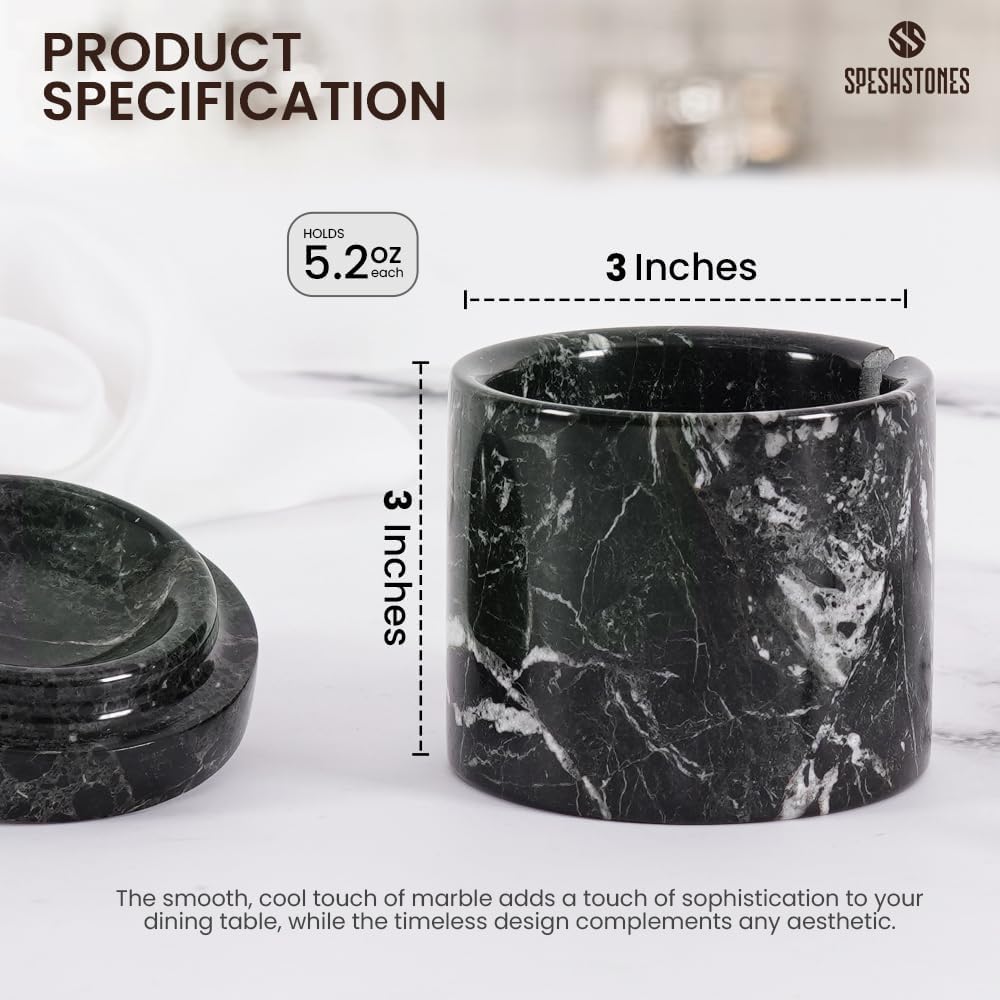 Marble Salt Cellar Set of 2 Handmade Black Stone Salt and Pepper Containers with Lid and Spoon - Marble Salt Box & Spice Jars, Sugar Bowl, 5.2 Oz Salt Holder for Countertop and Table
