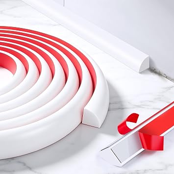 Flexible Quarter Round Molding40 Ft / 480 Inch Waterproof Self-Adhesive Trim for Floor Gaps & Bathtubs, Paintable Silicone Gap Cover for Wall Floor Corner Staircase Tub Cabinet Edge