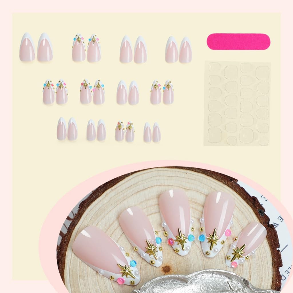 Almond Shape 24Pcs False Nails With Glitters French Tips Acrylic Design Stick on Nails For Women