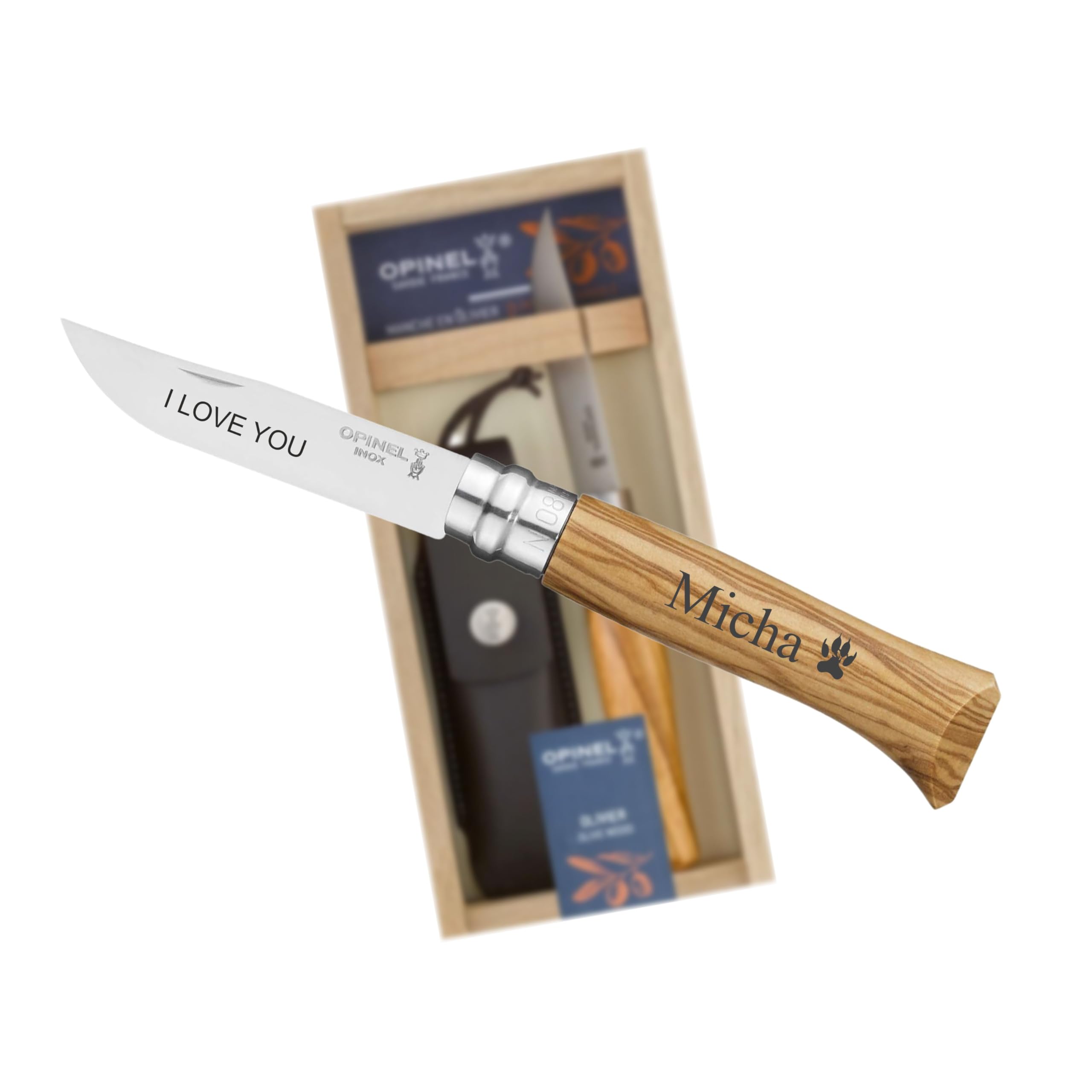 OPINEL No. 08 Taschenmesser Geschenk-Set – Olivenholz Griff mit Gravur + Kunstleder-Etui – Personalisiertes Klappmesser für Outdoor