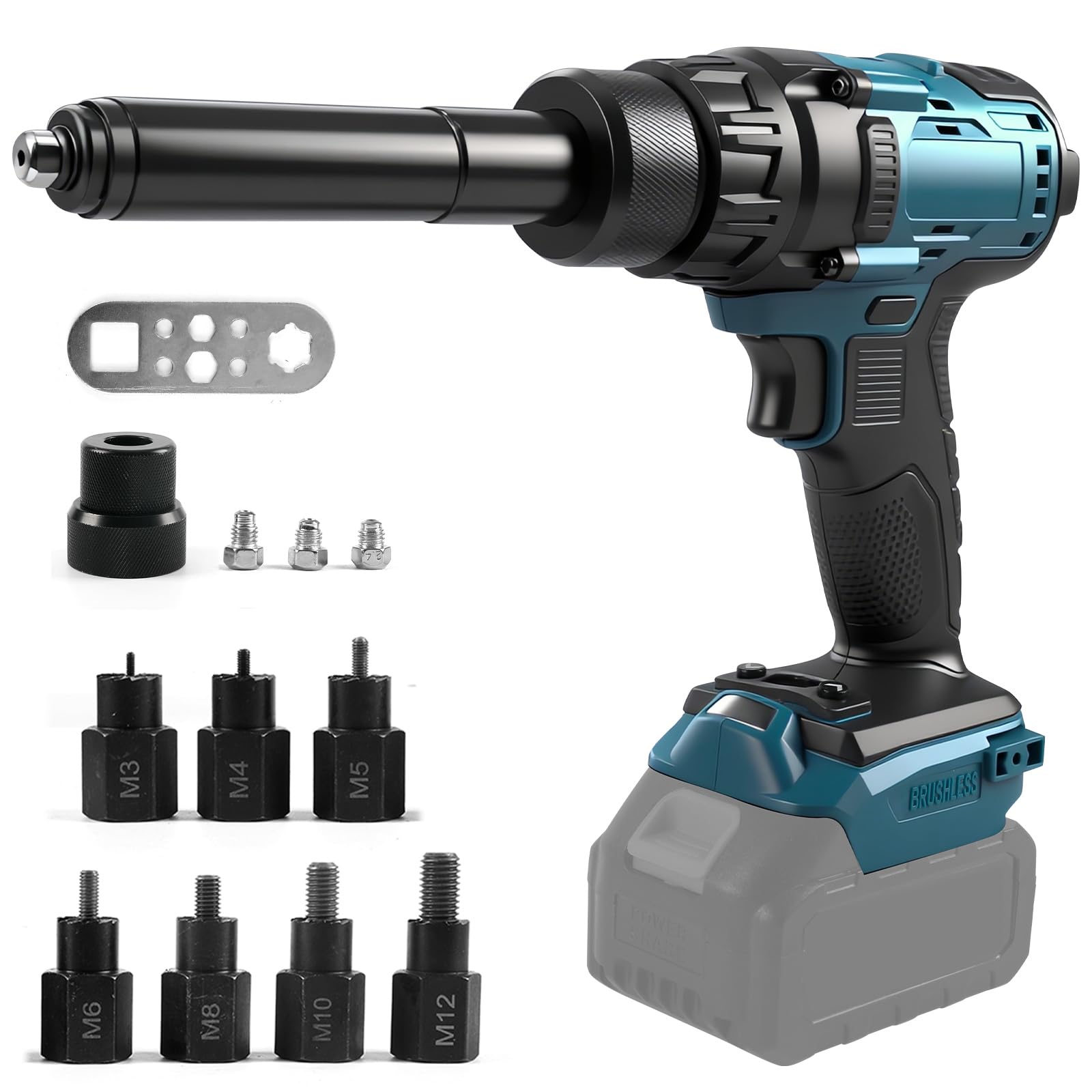 2-in-1 Akku Nietzange Set für Makita 18V LiIon,Bürstenloser Motor für Nieten M3/M4/M5/M6/M8/M10/M12,Elektrische Nietwerkzeug für Baustellen, Autoreparaturen & Heimwerker (Ohne Akku)