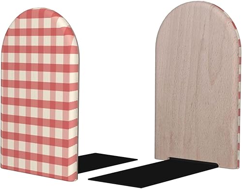 Book Ends for Shelves 1 Pair - Retro Pink Gingham Print Wood with Metal Base Bookends for Heavy Books, Book Stand Organizer Holder for Books Movies