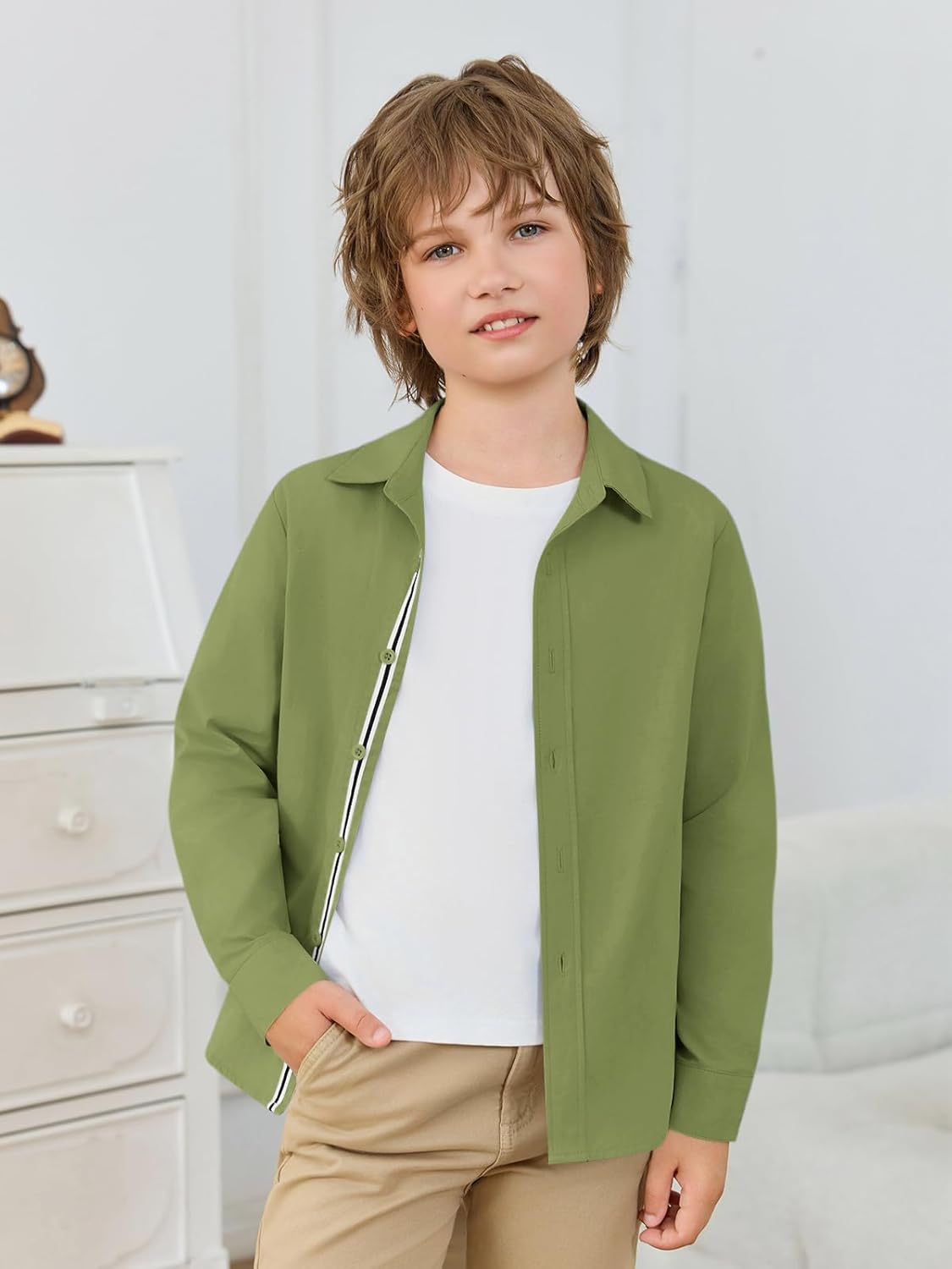 Haloumoning Boys Long Sleeve Dress Shirts Kids Solid Casual Button Down Uniform Shirts 5-14 Years - Image 5