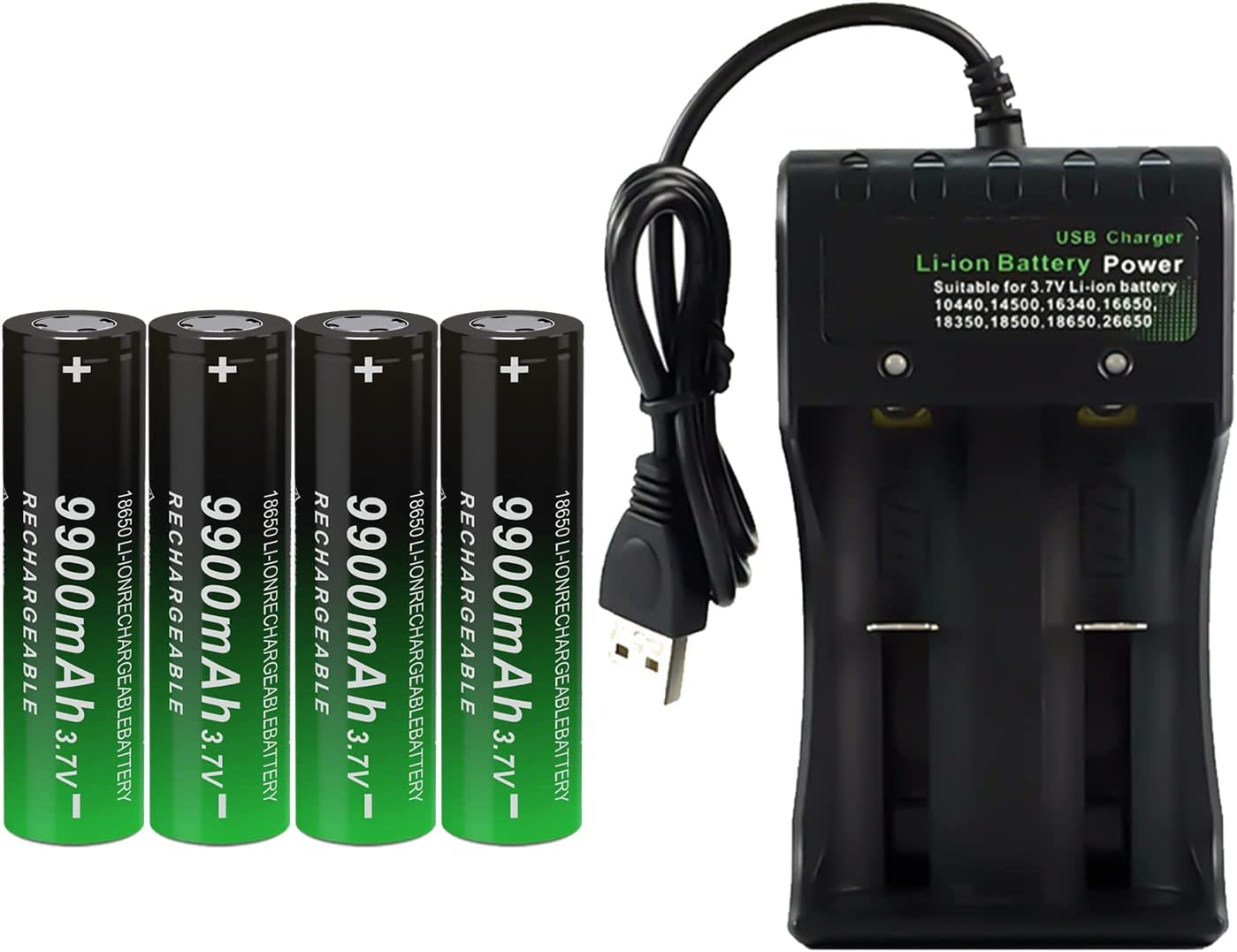 CWUU Flat Top 18650 Rechargeable Batteries 3.7V Li-ion Cell 9900mAh (4 Pack+2 Bay Battery Charger)