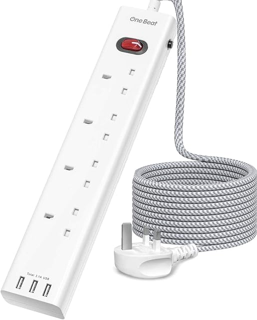 Extension Lead with USB Slots, 4 Way Outlets Power Strip with 3 USB Ports (13A/3250W), Surge Protection Plug Extension Socket with 1.8M Braided Extension Cord, Overload Protection for Home, Office