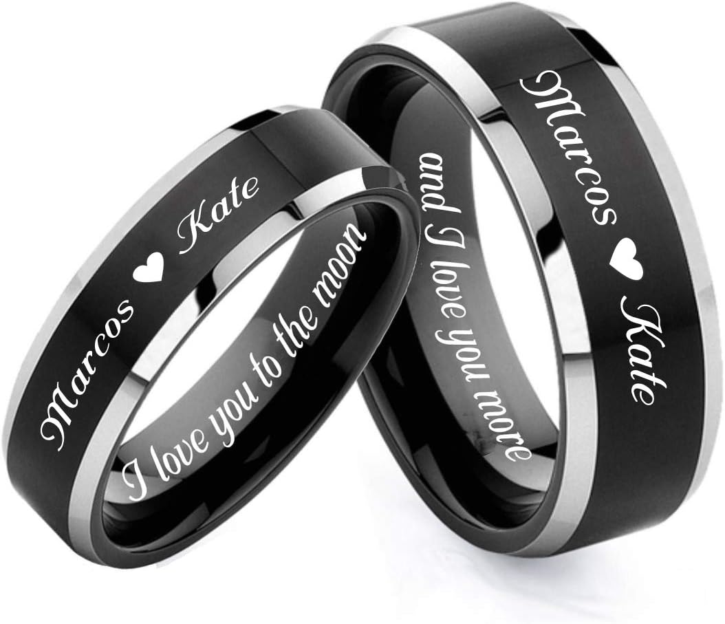 Personalized Black & Silver Two Tone Ring Set Custom Engraved Free In Any Language - His & Hers Couples Ring Set - Wedding Band Set - Ships from USA