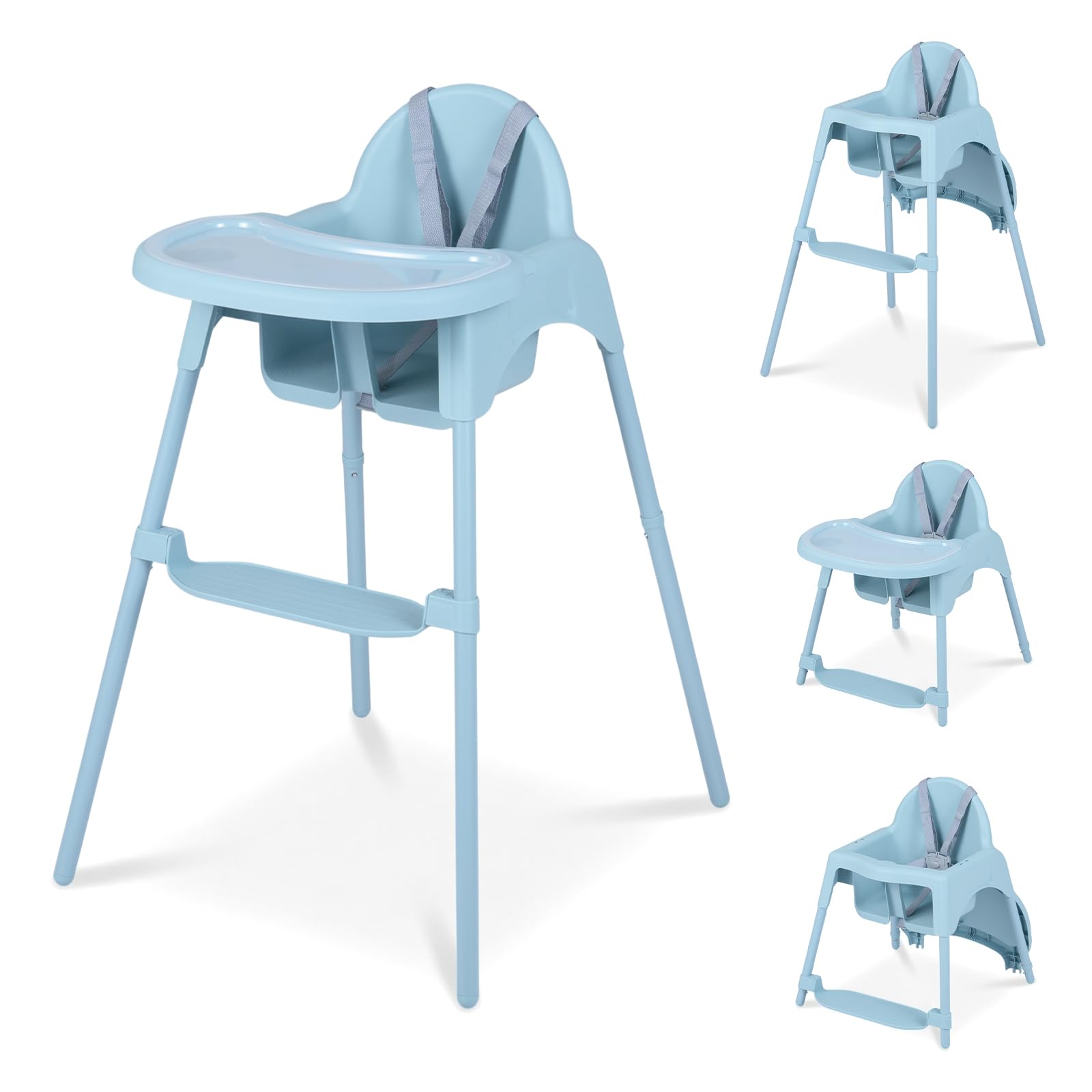 COSTWAY 4 en 1 Tronas de Bebe, Trona Infantil Convertible con 2 Alturas, Bandeja Doble Extraíble, Arnés de Seguridad de 5 Puntos, Reposapiés, Silla de Comer para Bebes de 6-36 Meses (Azul)