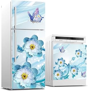 Buzdolabı ve Bulaşık Makinası Beyaz Eşya Sticker Kaplama 3D Mavi Çiçek Kelebek