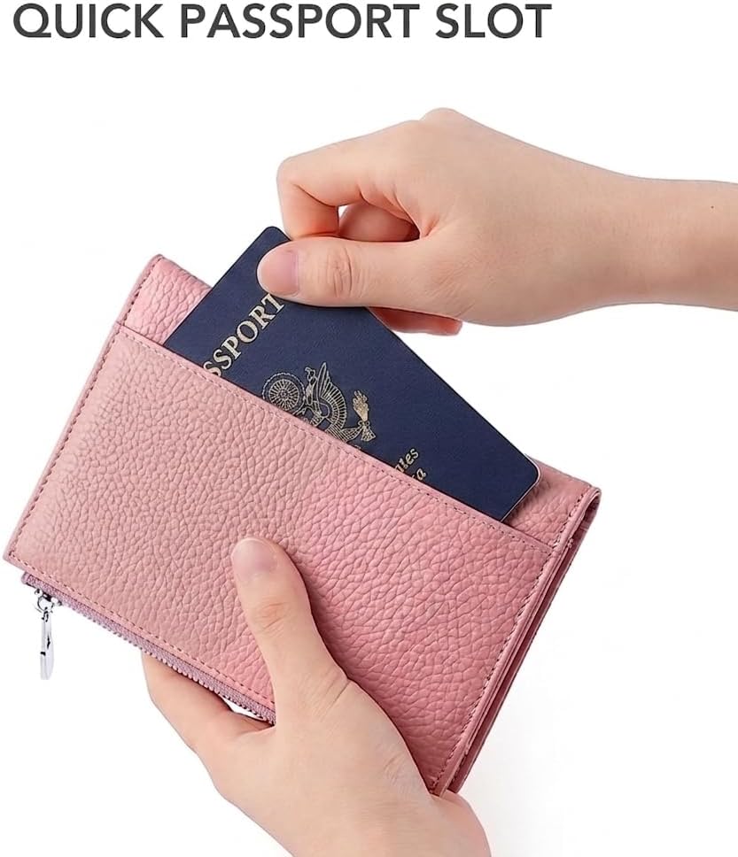 Genuine Leather RFID Blocking Passport Holder for Women, Slim Travel Wallet with Zipper Coin Pocket, Card Slots and SIM Slots, Compact Passport Cover Case, Pink