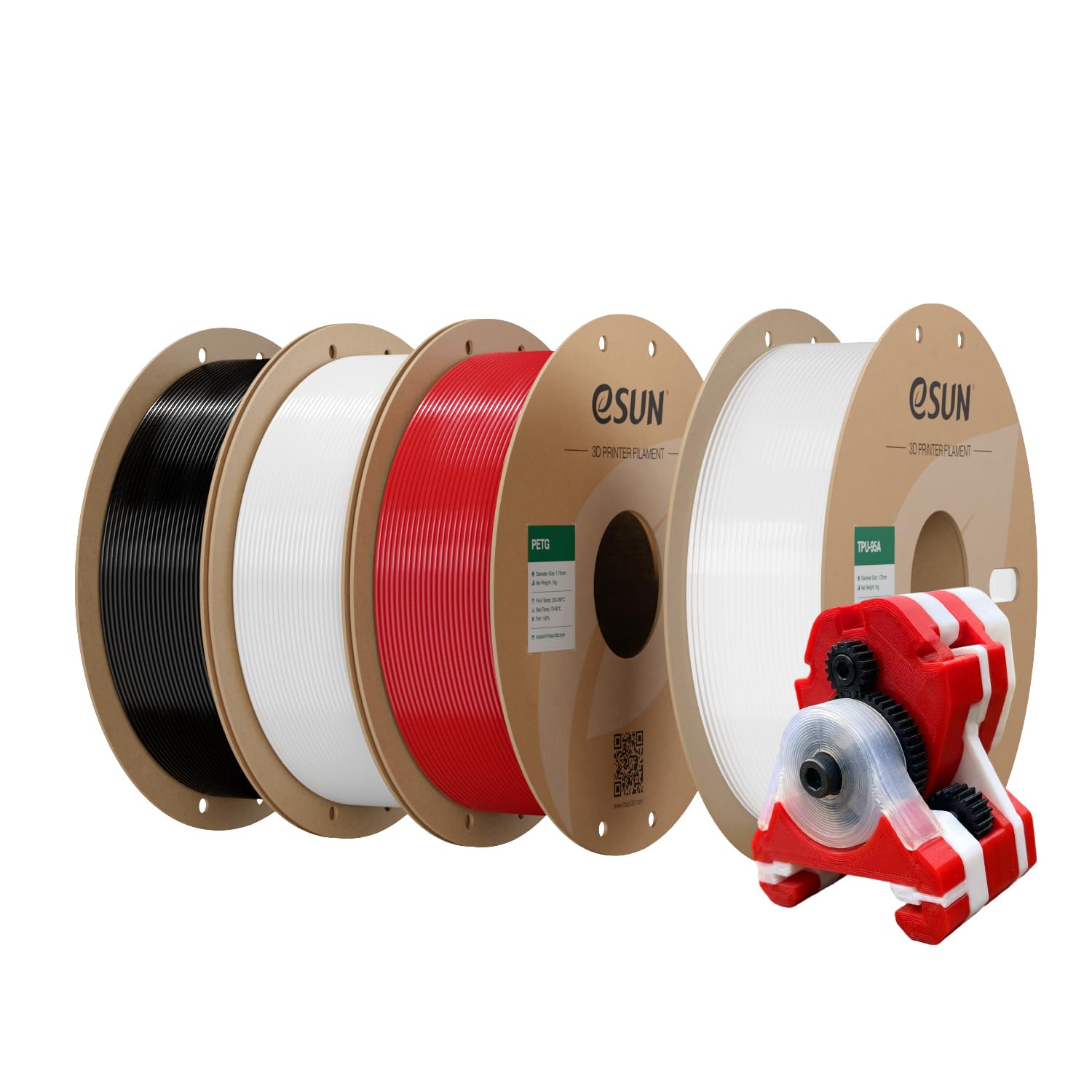 eSUN PETG and TPU-95A Filament 1.75mm Bundle, 1KG per Spool, 4 Spools for 3D Printers, PETG Black+White+Red&TPU-95A Clear