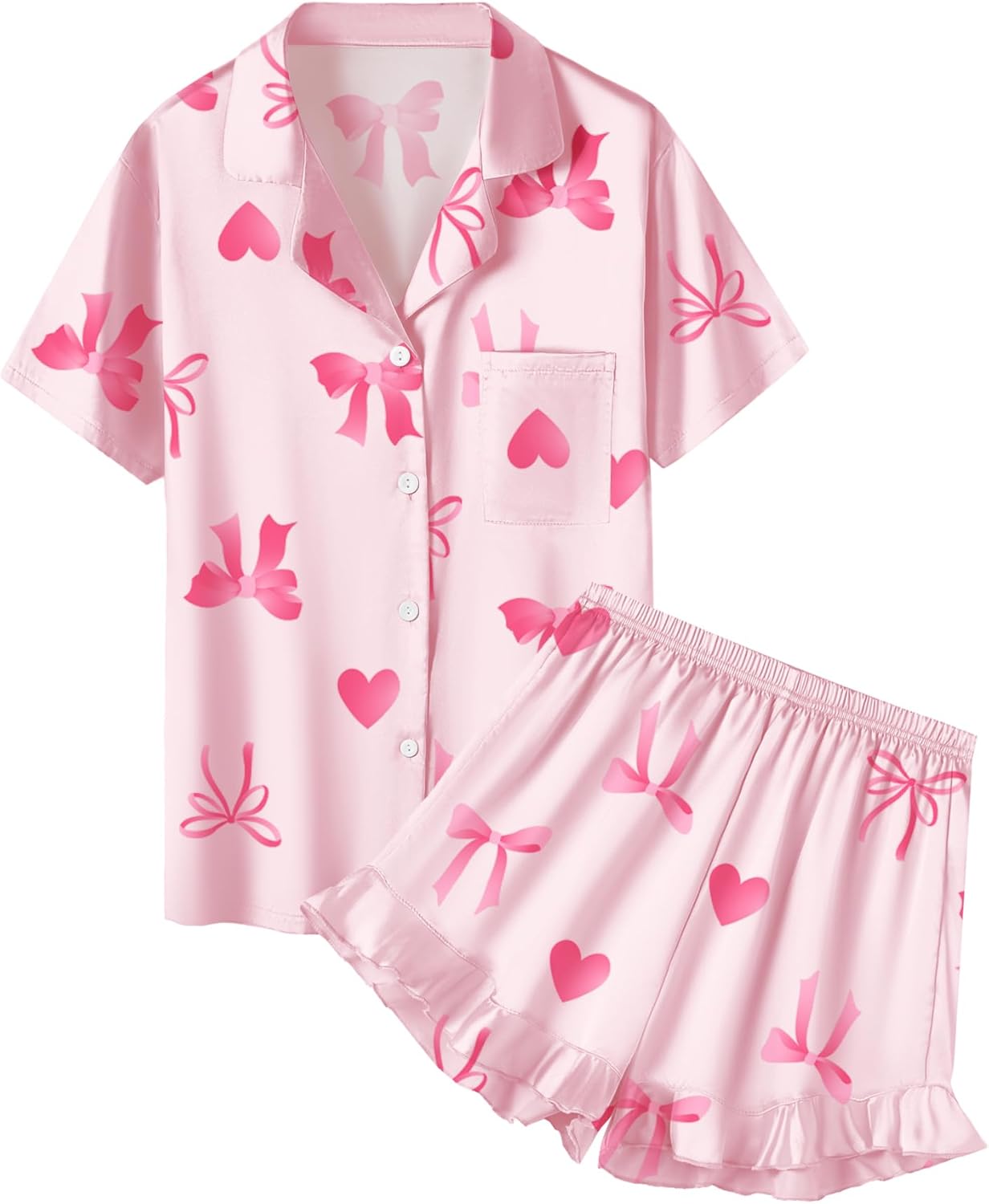 QZH.DUAO Girls Satin Pajamas Set Button Down Silk 2 Piece Pj Sets Ruffle Short Sleeve Sleepwear