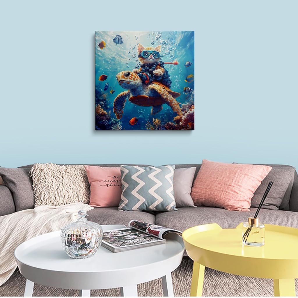 DUFIPOR Sea Turtle Funny Cat Wall Art for Bathroom,Ocean Tropical Fish Bubbles Seascape Coastal Beach Pictures Animal Bathroom Canvas Print for boys Room,Cool Room Decor Bedroom Living