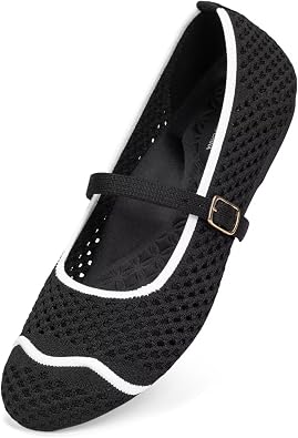 Frank Mully Womens Mesh Mary Jane Flats Round Toe Slip-On Breathable Knitted Comfort Shoes for Daily Walking Work