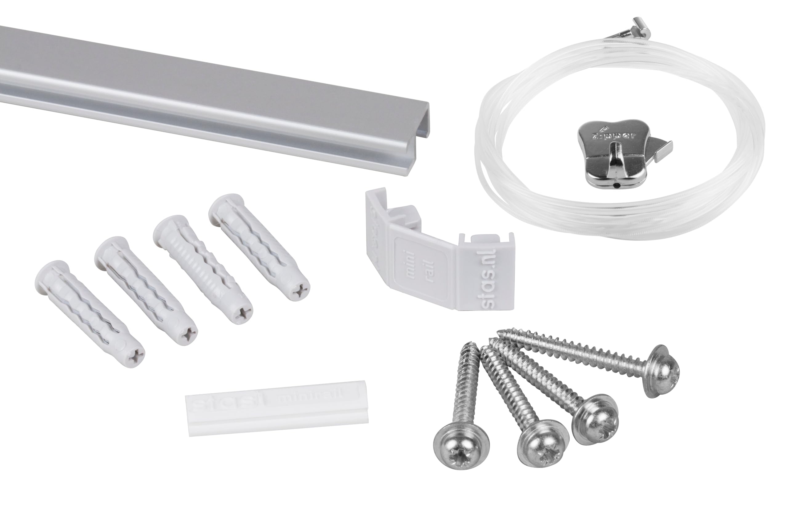 Binari per appendere quadri, Alluminio / 200cm (2x 100cm) STAS Minirail - Sistema per appendere quadri, Set completo con ganci e corde
