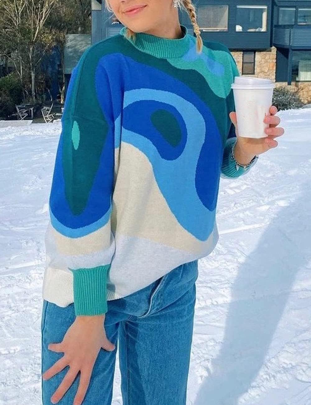 MISSACTIVER Women Casual Knitted Mock Neck Sweater Print Colorblock Long Sleeve Loose Fit Pullover Knitwear