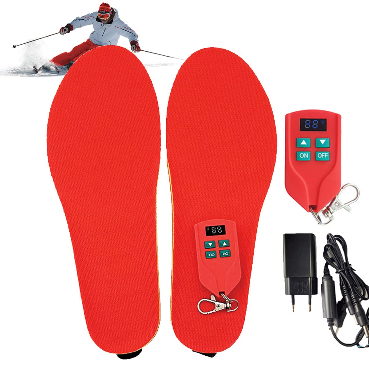 Remote Control Heating Insoles, Usb Insoles Rechargeable, Wireless Heat Insoles Fit Winter Hunting Fishing Hiking Camping,Red-L