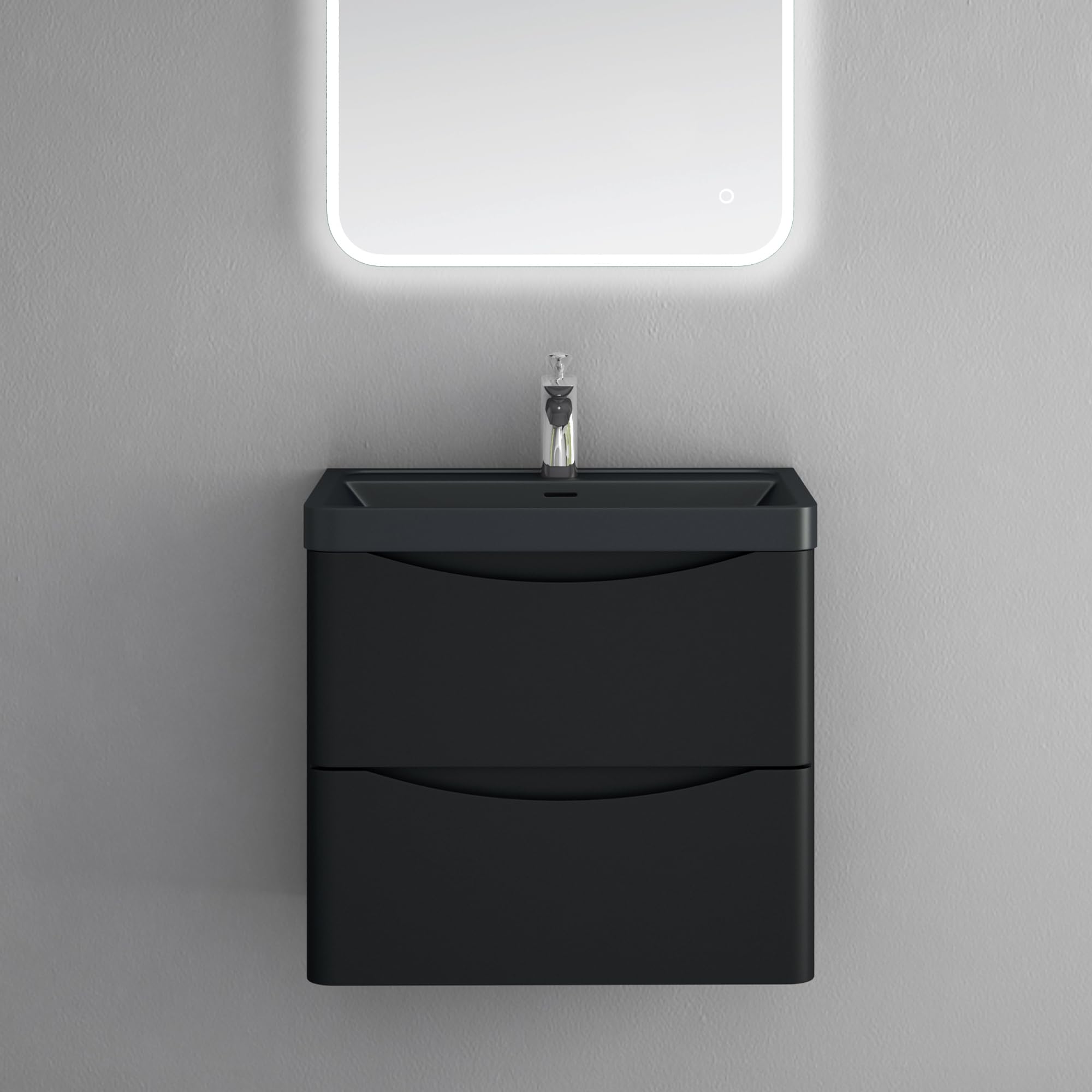 doporro Meuble de Salle de Bain Suspendus Noir Mat 60x42x50cm Ensemble de 2 Pièces Meuble avec Lavabo Design Smile-Lackier
