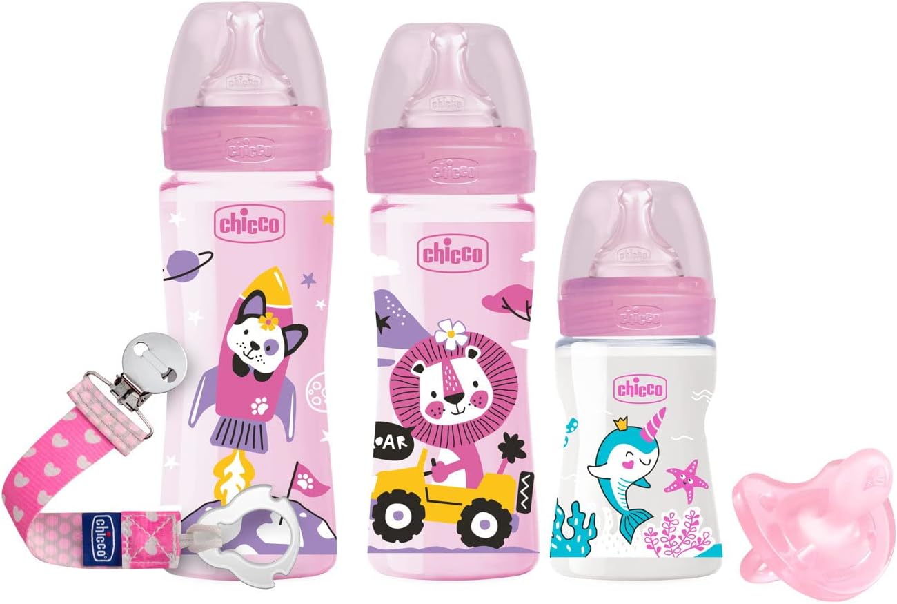 Chicco Lote Biberones y Chupete, Pack Ahorro, Set de 3 Biberones Anti Cólicos, 1 Chupete Silicona y 1 Clip para el Chupete, Todo para el Bebé, Color Azul