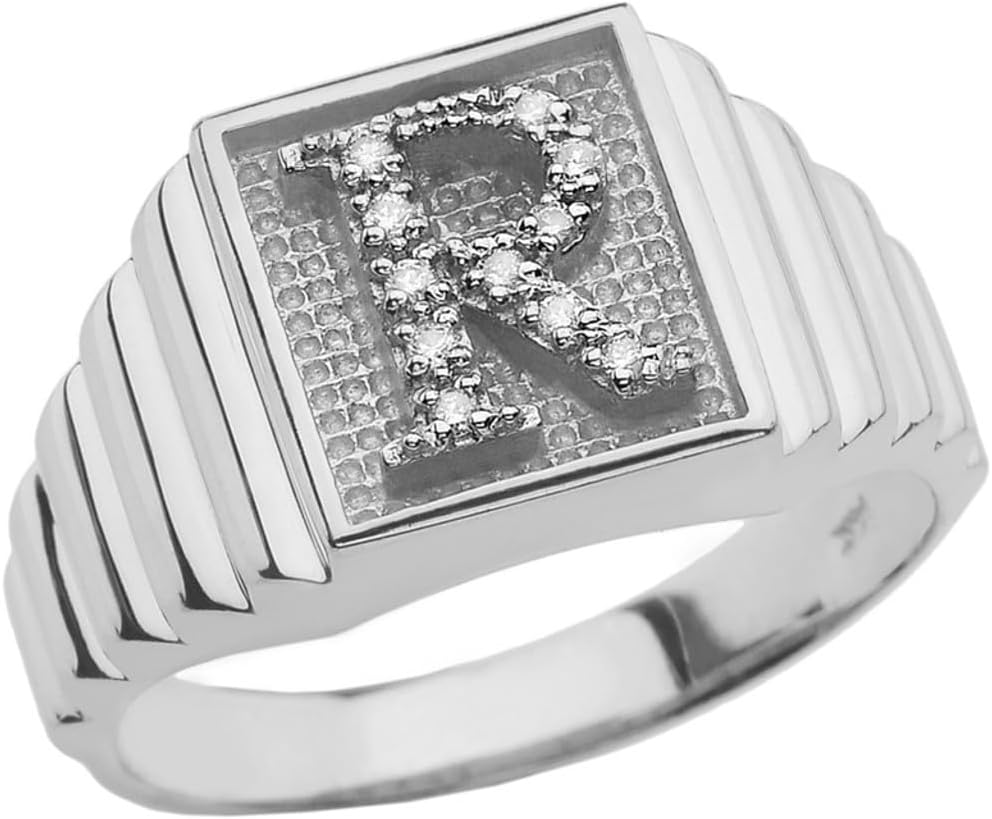Claddagh Gold 14K White Gold Diamond Letter A-Z Initial Textured Men's Signet Ring with Multiple RingSize