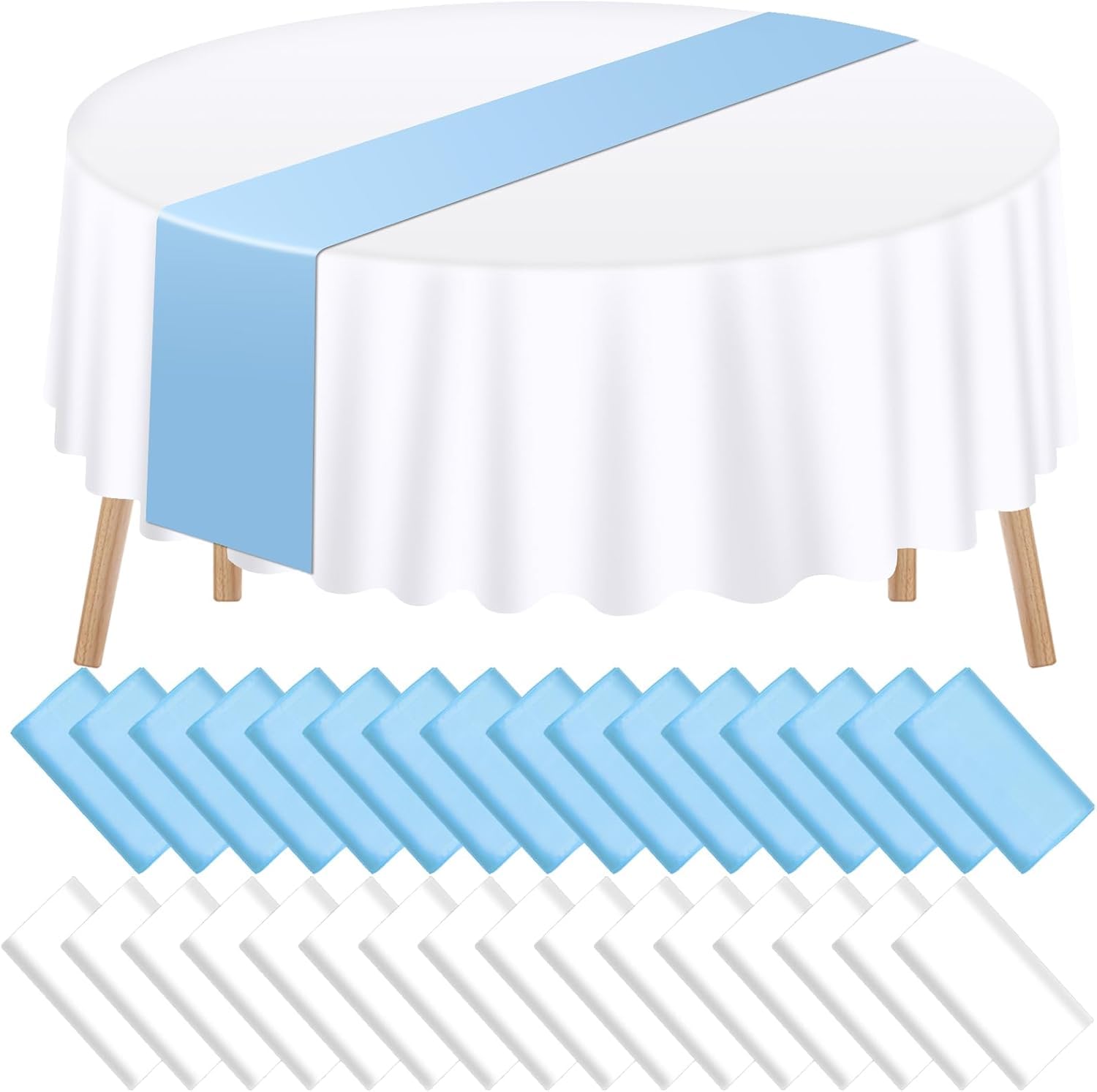 Ausurme White 16 Pcs Tablecloths And Satin Table Runner, 84'' Round Plastic Tablecloth And 12 X 108'' Runner, And Light Blue Disposable Tablecloth, Table Cover For Birthday Wedding Party Decor